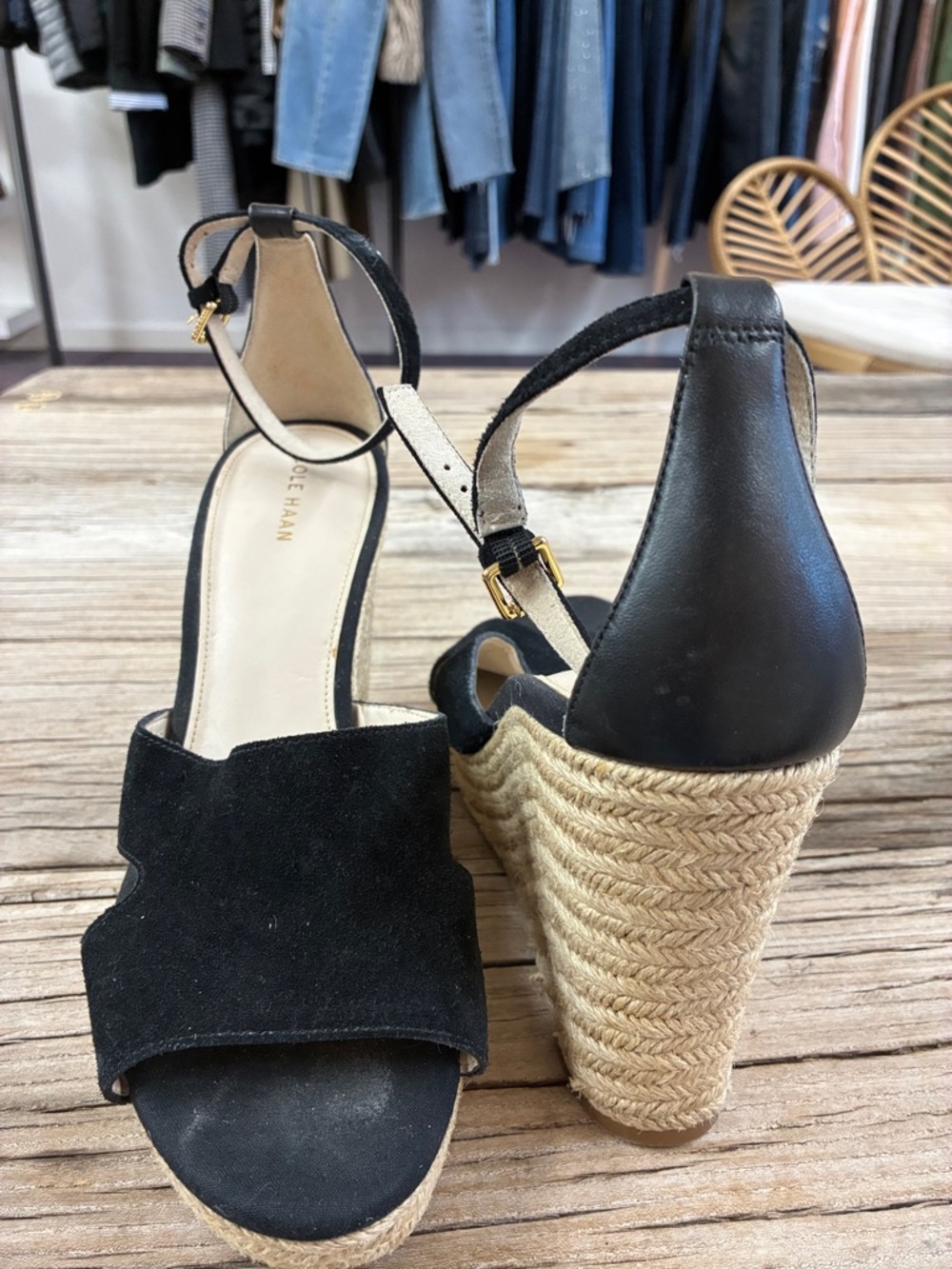 Cole Haan Black Suede and Leather Espadrille Wedge Sandals size 10B